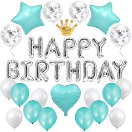 Iysoll Happy Birthday Balloons, Blue Color, Happy Birthday Balloons, Garland, Stars, Hearts, Confetti Balloons, Double Sided Tape, Ribbon Included, Unisex, Turquoise