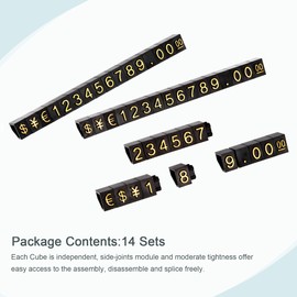 sourcing map Set of 14 Adjustable Removable Mini Cube Price Tag Display Number Letter Price Tag Stand Kit for Shop Counter Gold Tone Black 3.8 x 6.9 mm