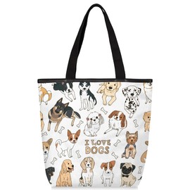 Cute Dog Animals Canvas Tote Bag, Eco Friendly Reusable Grocery Shopping Bags Beach Bag Book Tote Handbags Washable Shoulder Bag With Zipper Inner Pocket for Women Girls