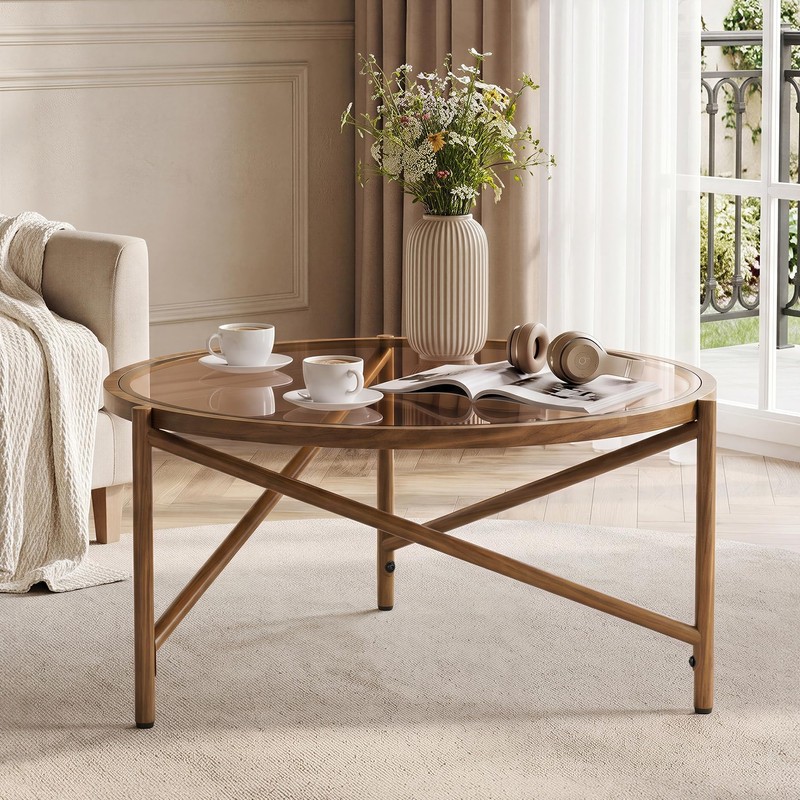 Round Coffee Table, 31.5" Glass Top Center Table Metal Frame,