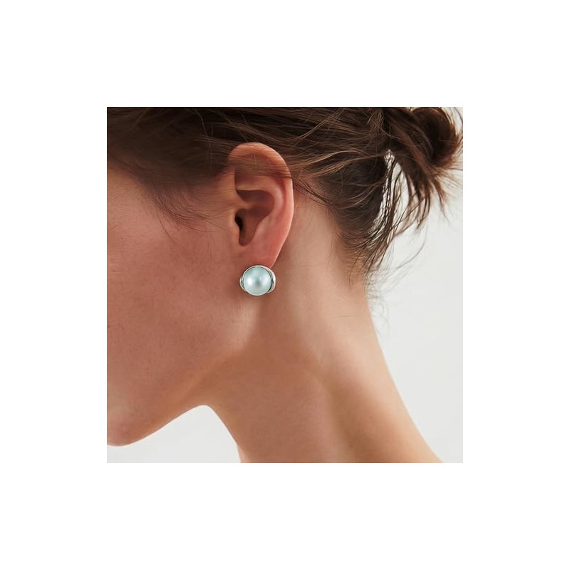 GZJOGO Big Light Blue Pearl Stud Earrings Trendy, White Gold