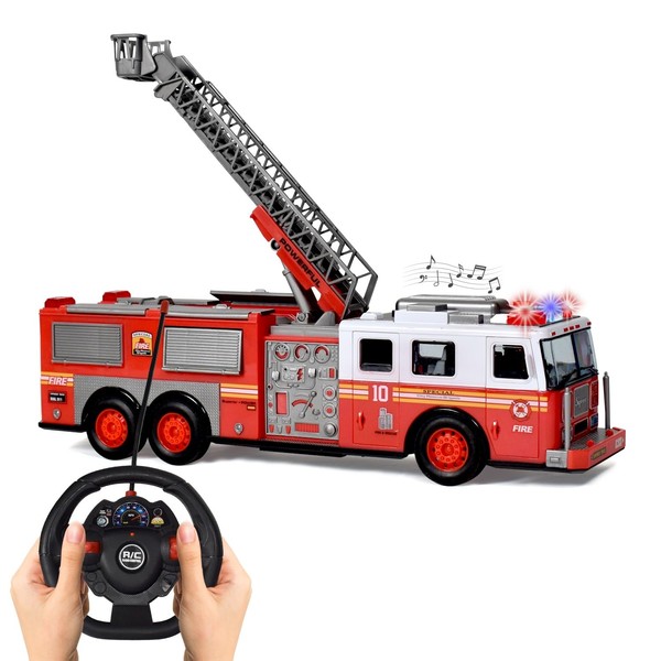 Simmplex Realistic RC Fire Truck for Kids Remote Control Firetruck with Lights, Siren Sounds & Rotating Ladders- Large 14” Fire Rescue Truck for 3+ Age Toddlers- Best Firefighter Gift Toy for Boys