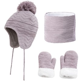 CheChury Children's Hat Scarf Gloves Set Boys Girls Knitted Hat with Pompom Tube Scarf Baby Winter Hat Beanie Hat Scarf Set Winter Hat Winter Scarf Warm Inner Lining for Children 1-6 Years, gray