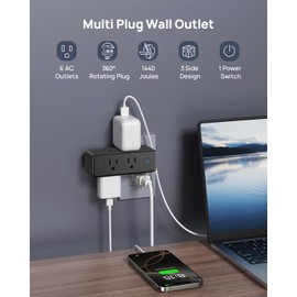 TROND Outlet Extender Surge Protector - 6 AC Outlet Splitter with 360° Rotating Plug, 1440J Multi Plug Expander, 3 Way Swivel Plug Extension Outlet, Wall Adapter for Bathroom Kitchen Travel, Black