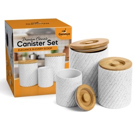 Gennua Kitchen Canisters for Countertop & Pantry, Set of 3 Airtight Food Storage Containers for Flour and Sugar and More, Crafted of Durable White Ceramic with Genuine Bamboo Lids