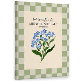 PHAMTE Christian Floral Wall Art Decor Canvas, Bible Verse Psalm 46:5 Scripture Pictures Wall Decor Decorations Art, Green Checkered Floral Framed Prints Artwork for Home Bedroom Office Church 11x14