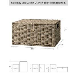 StorageWorks Seagrass Wicker Baskets for Organizing, Large Wicker Basket with Lid, Decorative Basket with Built-in Handles, Storage Baskets for Shelves, 1 Pack