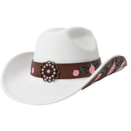 Epsion Western Cowboy Hat for Women and Men Shapeable Embroidery Wide Brim Tweed Hats White