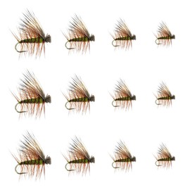 Feeder Creek Premium Elk Hair Caddis Flies | 12pc Fly Fishing Flies in 4 Sizes | Fly Fishing Assortment | Caddis Flies | Trout Flies | Dry Flies (Olive)