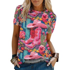 Binshre Western Shirts for Women Cowgirl Boho Vintage Rodeo Graphic Tee Cowgirl 3D Digital Printing Short Sleeve Tops B-Pink