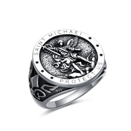 Shusukue St Michael Ring 925 Sterling Silver Archangel Saint Michael Amulet Patron Saint Rings Medal Prayer Coins Ring Christian Religious Jewellery for Men Father Husband Boyfriend (7)