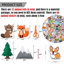 BDSHUNBF Set of 12 Felt Sewing Craft Kit with 60 Pcs Animal Stickers Animal Sewing Craft Kit, DIY Sewing Craft Kit for Kids Fun Crafts Educational Sewing Kit for Beginner Children Kids Boys and Girls
