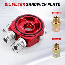 Tongze Oil Filter Sandwich Plate Adapter, Universal For M20 x 1.5 & 3/4-16 Oil Filter, With Two 1/8"NPT and Two AN10 ports to Connect Temp/Pressure Sensors Etc(Red)