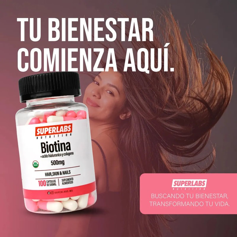 Biotina 500 mg Superlabs Nutrition 100 Cápsulas Suplemento Alimenticio para
