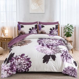DJY Purple Comforter Set King, 7 Piece Floral Comforter Set with Sheets Elegant Flower Print Bed in a Bag Soft Microfiber Complete Bedding Set for All Season