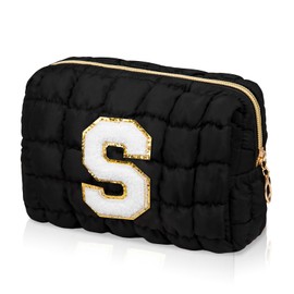 Initial Checkered Makeup Bag, Quilted Cosmetic Bag, Cute Make up Pouch for Purse, Travel Toiletry Storage Bag for Women Preppy Teen Girls Gift Trendy Stuff Gift(Black S)