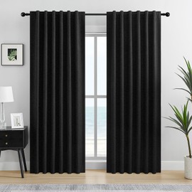 Dreaming Casa 100% Blackout Curtains 84 Inches Long, Linen Textured Window Treatment Rod Pocket & Back Tab Curtain Drapes for Bedroom Living Room Divider, 2 Panels, 52" W x 84" L, Black