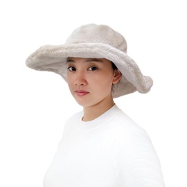 Lina & Lily Oversized Women's Winter Bucket Hat Faux Fur Wide Floppy Brim (Beige)