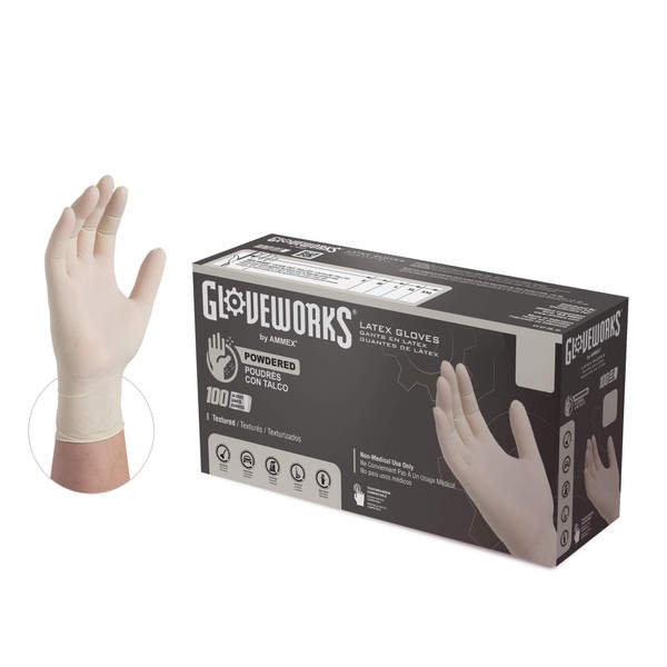 GLOVEWORKS Industrial White Latex Gloves - 4 mil, Powdered, Textured, Disposable, Small, TL42100-BX, Box of 100