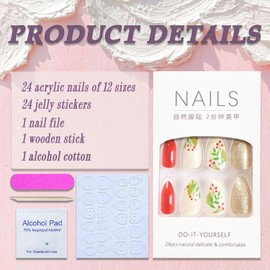 Christmas Press on Nails Short Almond Winter Fake Nails Red Full Cover Holly False Nails with Designs Gold Glitter Glossy Glue on Nails Acrylic Nails Manicure Artificial Nails for Women Girls