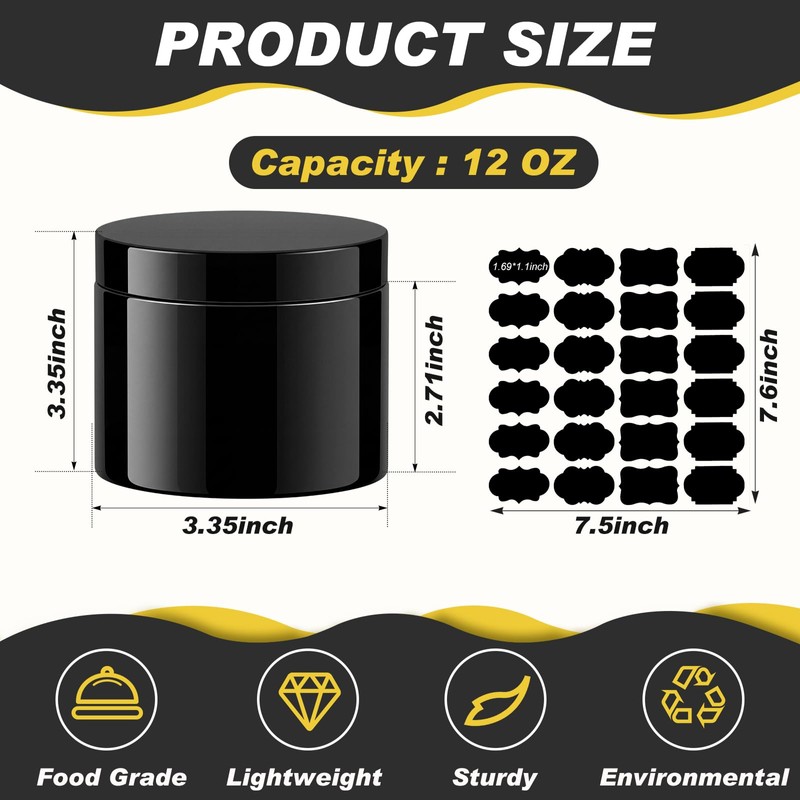 24 Pack 12 oz Black Plastic Jars with Black Lids,