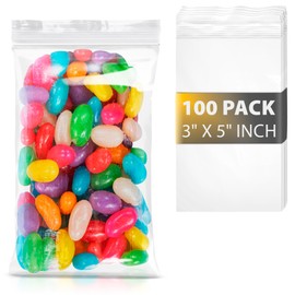 Amiff Zip Lock Bags 3x5 Pack of 100 Storage Bags with Zipper. Self Lock Plastic Bags 3 x 5. Clear Poly Bags 2 Mil Thick. Reusable Polybags.