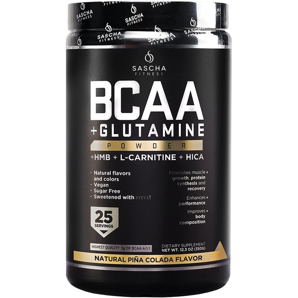Sascha Fitness BCAA 4:1:1 + Glutamine, HMB, L-Carnitine, HICA | Powerful and Instant Powder Blend with Branched Chain Amino Acids (BCAAs) for Pre, Intra and Post-Workout (Piña Colada)