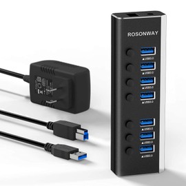 Hub USB 3.0 Alimentado Rosonway Aluminio 7 Puertos USB 3.0 Data Hub Splitter con Adaptador de corriente de 24 W (12 V/2 A) e interruptores individuales Expansor de puerto USB para PC y portátil