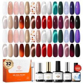modelones 32 PCS Gel Nail Polish Kit, 28 Colors Christmas Gel Polish with Blooming Gel, Base Coat, Glossy & Matte Top Coat Cat Eye Jelly Glitter Chameleon Soak Off LED Nail Art Kit Salon at Home