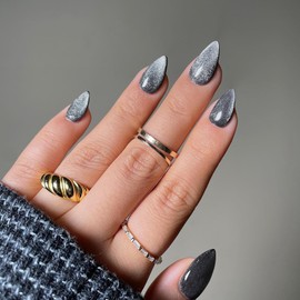 Smoky Grey Cat Eye False Nails, SXVME Glitter Press on Nails Short Almond, Cute Bling Sequins Full Cover Sparkly Shiny Acrylic Fake Nails for Women Daily Wear, 30 Pcs