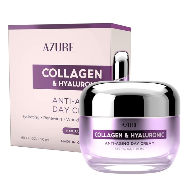 AZURE Collagen & Hyaluronic Acid Anti Aging Day Cream - Renewing, Toning & Hydrating Face Moisturizer - Reduces Wrinkles, Creases & Fine Lines - Locks in Moisture - Skin Care Made in Korea - 50mL / 1.69 fl.oz.