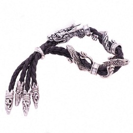 Antique Silver Jewelry Vintage Stylish Red Rope Crystal Rhinestone Dragon Bracelets & Bangles for Women Black Rope