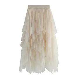 SANSIWU Women's Tulle Skirt Floral Print Mesh Elastic High Waist, C- apricot