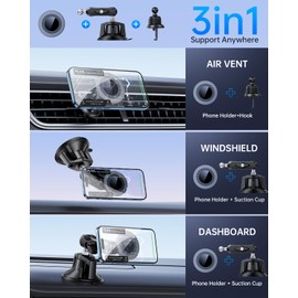 Tmengdao 3-in-1 Magnetic Car Phone Holder, 360° Suction Cup Phone Mount for [Dashboard/Windshield/Vent], Metal Arm Adjustable Phone Mount, Compatible for All Smartphones
