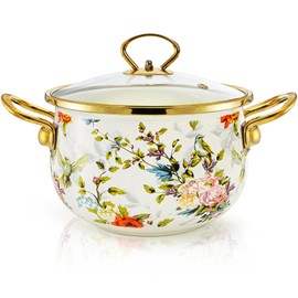 SOUJOY 2.8 Quart Enamel Cooking Pot with Lid, Vintage Soup Pot, Floral Stew Bean Simmer Pot with Handle for Kitchen, Safe for Induction Cookers, Gas Stove