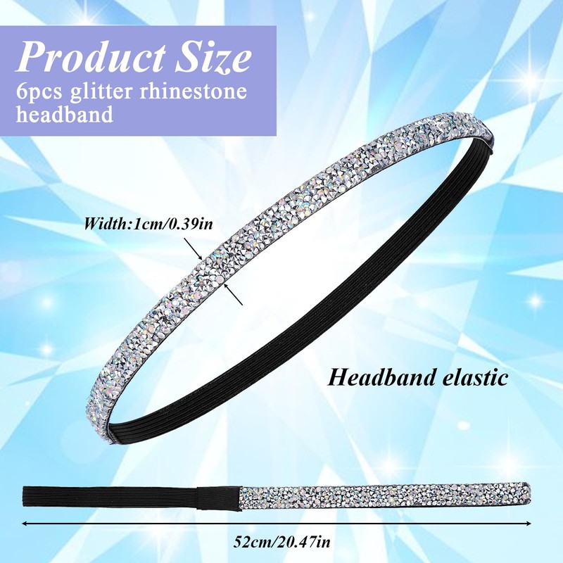 6 Pcs Rhinestone Glitter Headbands Non Slip Elastic Sports Hairband