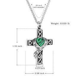 Hearbeingt Cremation Jewelry Urn Necklaces for Ashes, Retro Crystal Cross Memorial Pendant Made of 316L Stainless Steel with Heart Shape Turquoise.