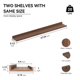 Boswillon 47.2 Inches Long Floating Shelves Wall Mounted, 2 Set Farmhouse Wall Shelf for Bedroom, Nursery Book Shelf with Lip, Picture Ledge Shelf for Wall Decor Living Room Bathroom Kitchen - Walnut