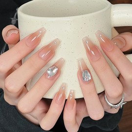 Pure Handmade Nails Press on Nail Reusable Fake Nails Rhinestones Bling Bling Medium Stick on Nails French Tip False Nails 10pcs (S, Q290)