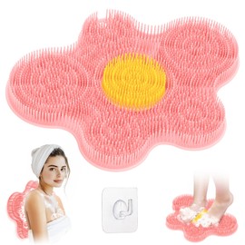 GEENOA New Silicone Shower Foot Scrubber Mat, Large Wall-Mounted Back Scrubber Back Washer with Long Bristles & Powerful Suction Cups, Easy to Clean Exfoliate and Massage Without Bending(Pink)