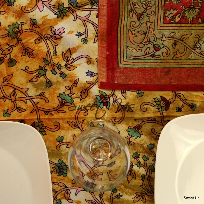 India Arts Cotton Floral Tie Dye Tablecloth Rectangle Red Tan