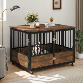 DWVO Dog Crate Furniture with Wheels, 43 Inch Dog Kennel Indoor Furniture End Table Dog Crate for Dogs, Farmhouse Decorative Wooden Dog Cage Table with Double-Doors, Chew-Resistant, Rustic Brown