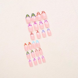 French Tip Press on Nails Hawksbill Turtle Stick on Nails Medium Almond Fake Nails Colorful Glue on Nails Full Cover Acrylic Nails Cute Nude False Nails Glossy Artificial Nails for Women Girls 24Pcs