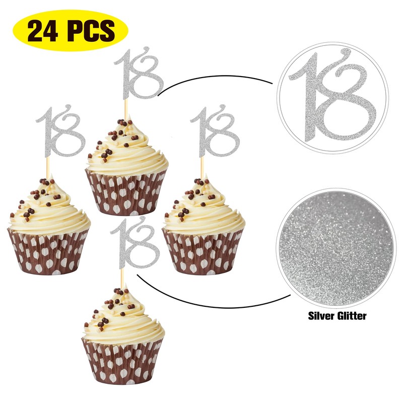 Sumerk 24PCS 18 Cupcake toppers Silver Glitter 18th Birthday Cupcake