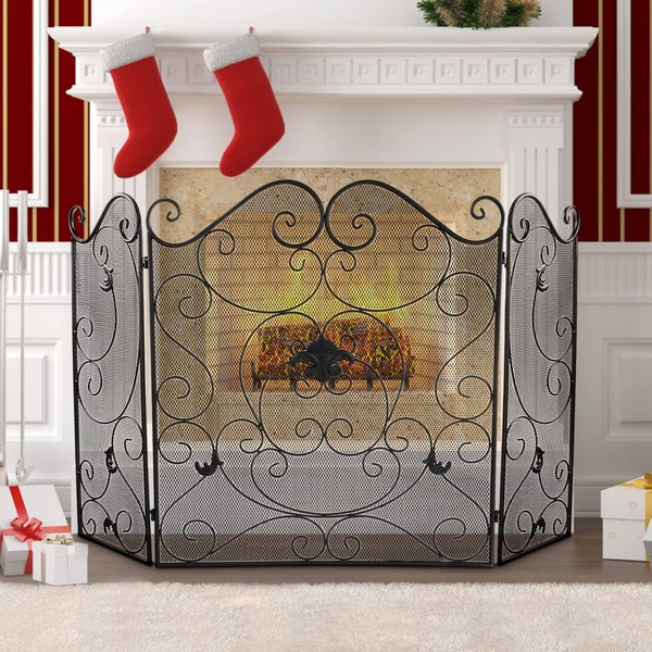 WICHEMI Fireplace Screen 3 Panel Folding Fireplace Screens 50 x 31 Inch Metal Furnace Fireguards Mesh Cover Baby Safe Proof Fence Spark Guard Cover Wrought Iron Fire Place Standing Gate (Style 1)
