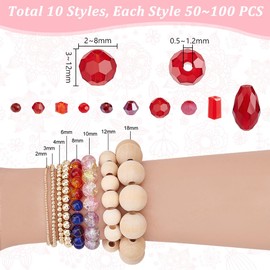 PH PandaHall 1000 Pieces 10 Styles Red Series Glass Bead Strands, Faceted Rondelle Crystal Beads, Spacer Beads for Bracelets, Necklaces, Wind Chimes, Crafts, Jewellery Making, 3 ~ 12 mm