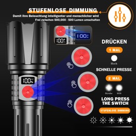 BEYSTE Taschenlampe LED Aufladbar 500000 Lumen, LED Taschenlampe Extrem Hell Militärische, Sehr Helle Akku Taschenlampe USB C, Starke Taktische Taschenlampe Wasserdicht For Outdoor NotfäLle