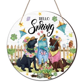 Anglechic Hello Spring Door Sign Dog with Flowers Hat Welcome Decor Spring Door Wreaths Decorative Round Labrador Hanging Wall Decor for Home Front Porch Farmhouse Outdoor Decor Housewarming Gift