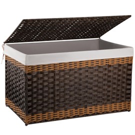 OIAHOMY Storage Basket with Lid, 42.3 Gallon (160L) Blanket Basket with Removable Liner Bag, Synthetic Wicker Hamper with Handle, Foldable, Hamper for Living Room, Brown
