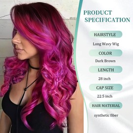 Ombre Rose pink Long Wavy Wig 28 Inch Middle Part Wavy Synthetic Wigs for Women Natural Looking Heat Resistant Fiber Wig for Daily Party Use